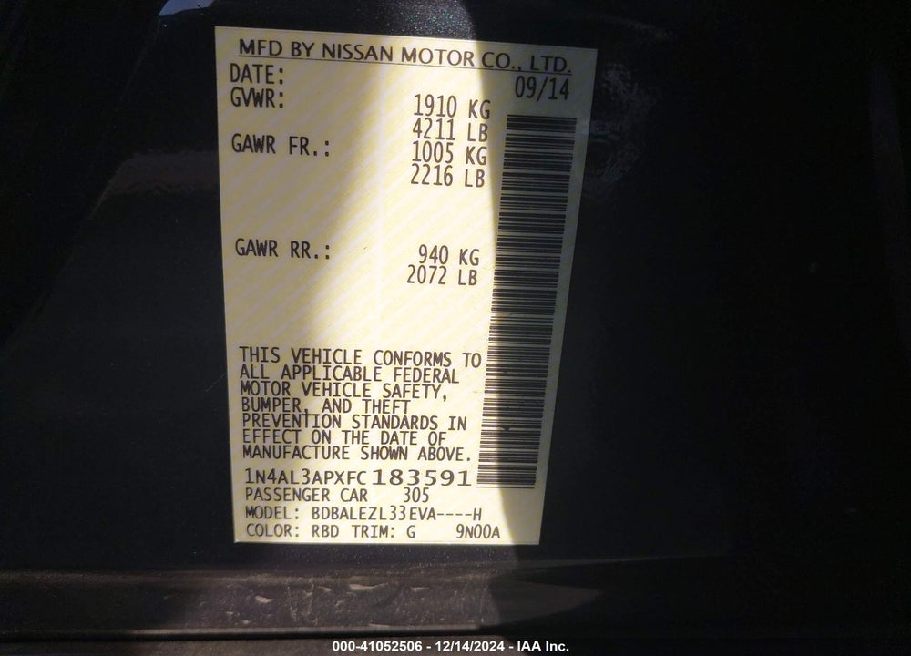 2015 NISSAN ALTIMA 2.5 S VIN: 1N4AL3APXFC183591