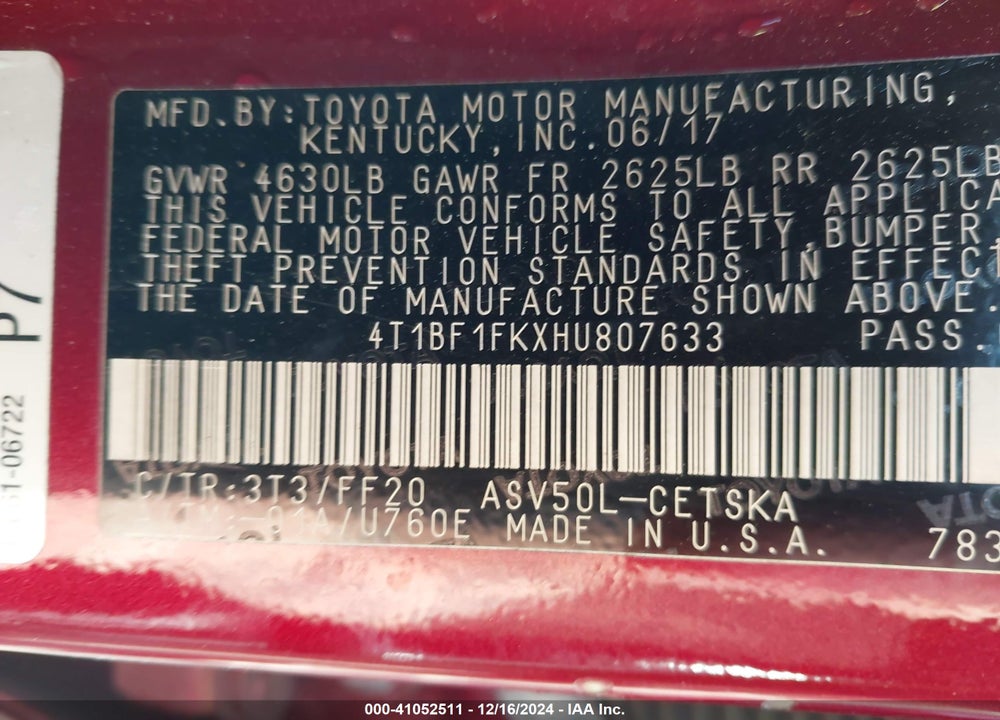 2017 TOYOTA CAMRY SE VIN: 4T1BF1FKXHU807633
