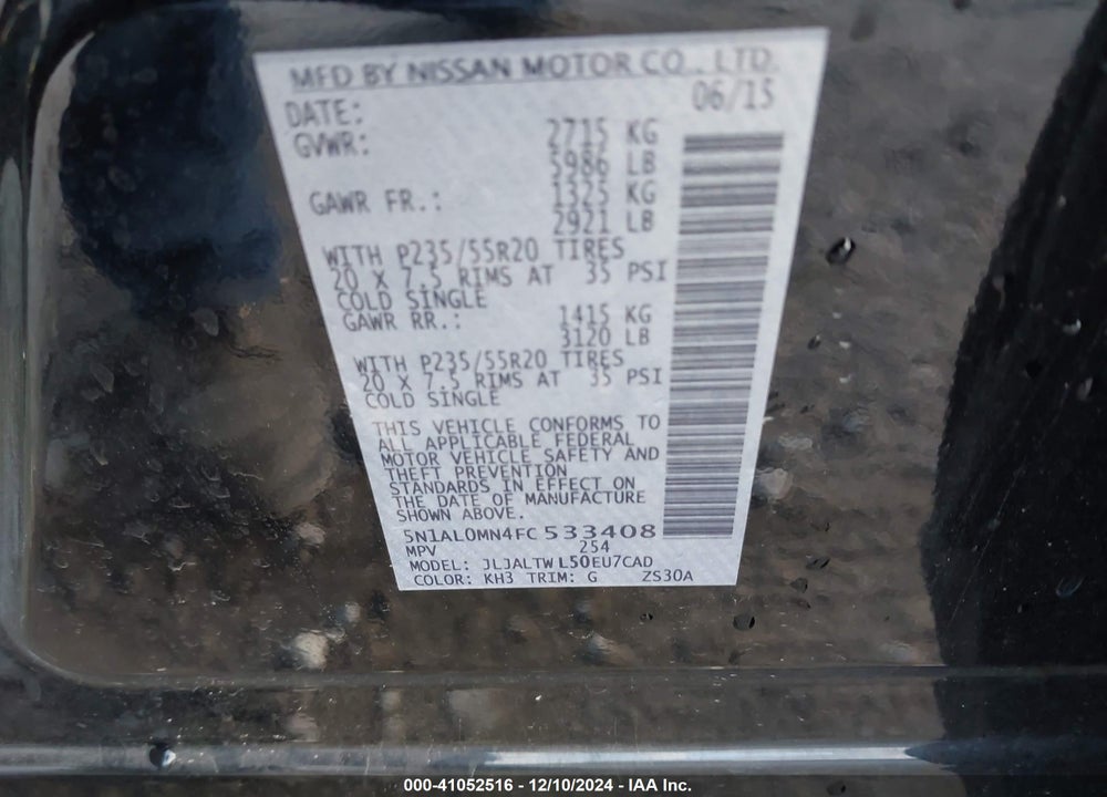 2015 INFINITI QX60 VIN: 5N1AL0MN4FC533408