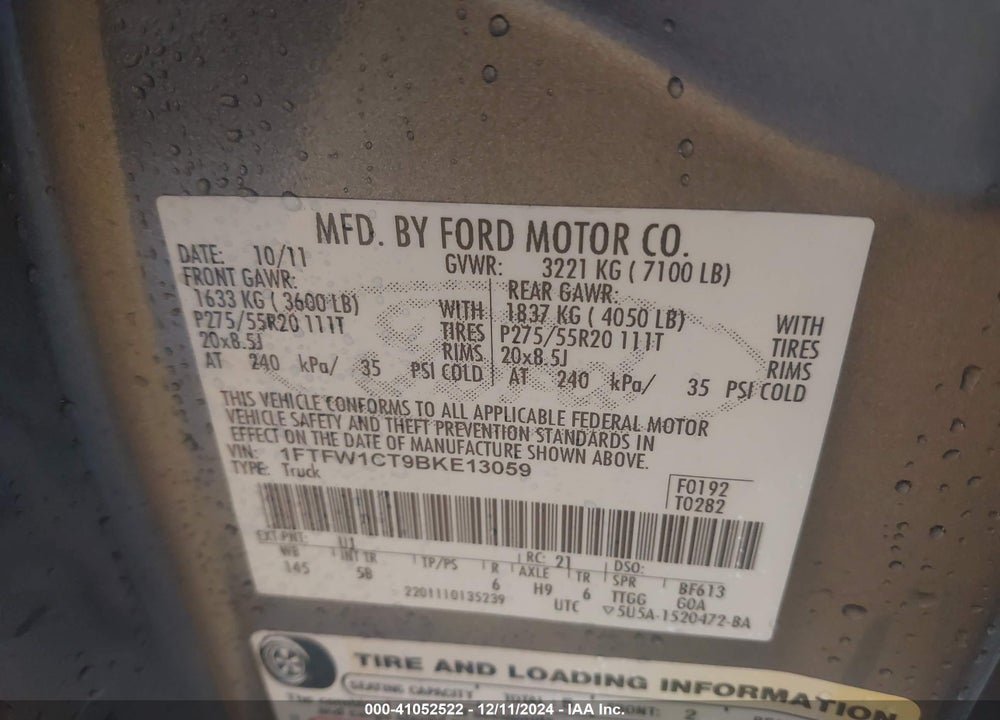 2011 FORD F-150 FX2 VIN: 1FTFW1CT9BKE13059