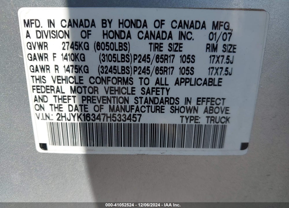 2007 HONDA RIDGELINE RTX VIN: 2HJYK16347H533457