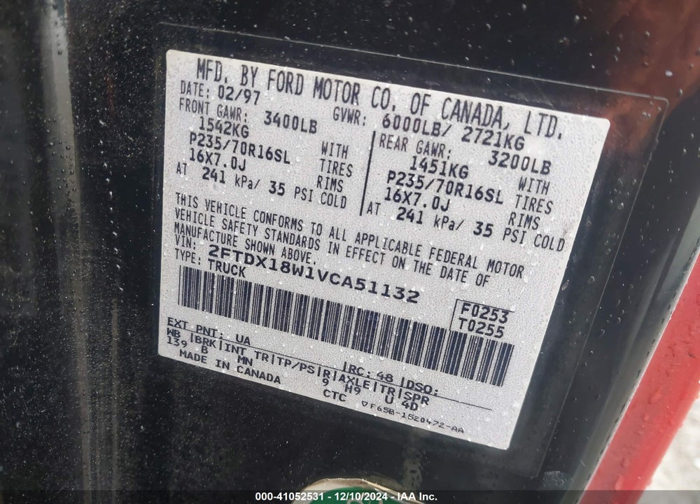 1997 FORD F-150 LARIAT/XL/XLT VIN: 2FTDX18W1VCA51132