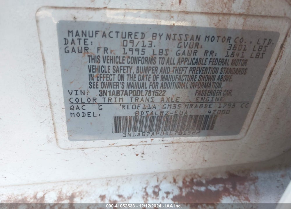2013 NISSAN SENTRA SR VIN: 3N1AB7AP0DL781522