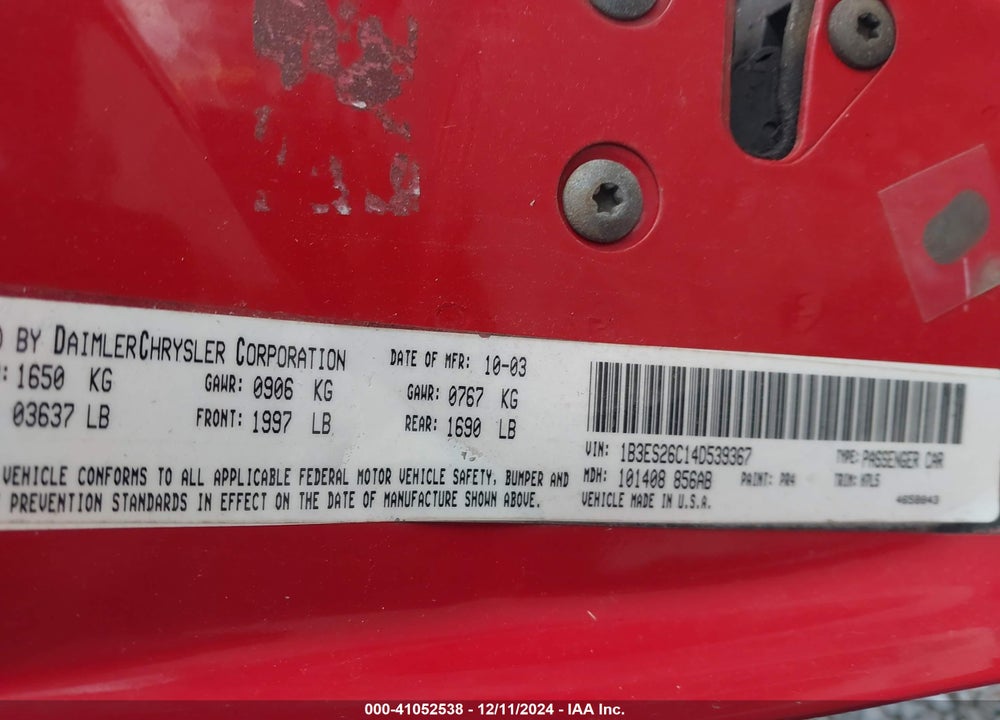 2004 DODGE NEON SE VIN: 1B3ES26C14D539367