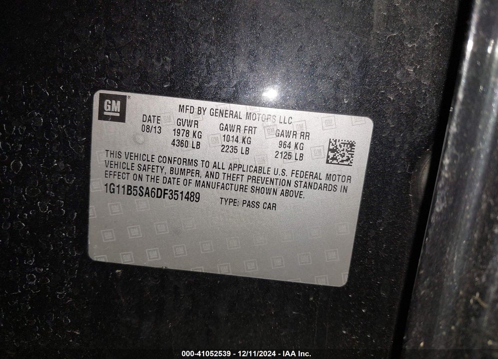 2013 CHEVROLET MALIBU VIN: 1G11B5SA6DF351489