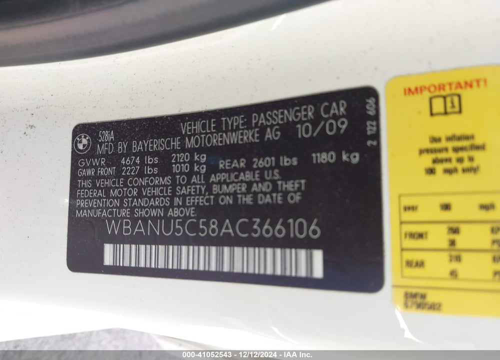 2010 BMW 528I VIN: WBANU5C58AC366106
