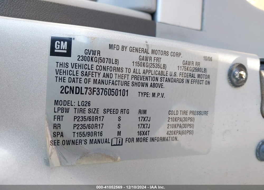 2007 CHEVROLET EQUINOX LT VIN: 2CNDL73F376050101