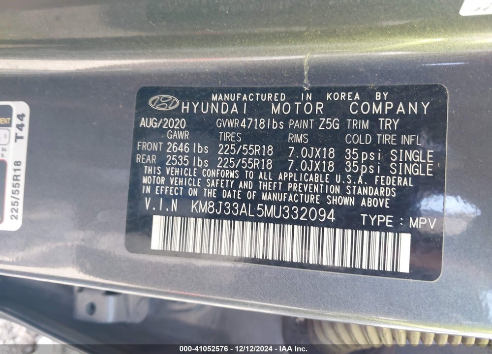2021 HYUNDAI TUCSON SEL VIN: KM8J33AL5MU332094