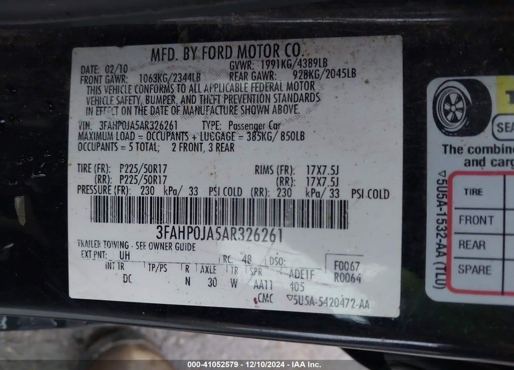 2010 FORD FUSION SEL VIN: 3FAHP0JA5AR326261