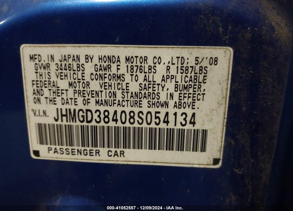 2008 HONDA FIT VIN: JHMGD38408S054134