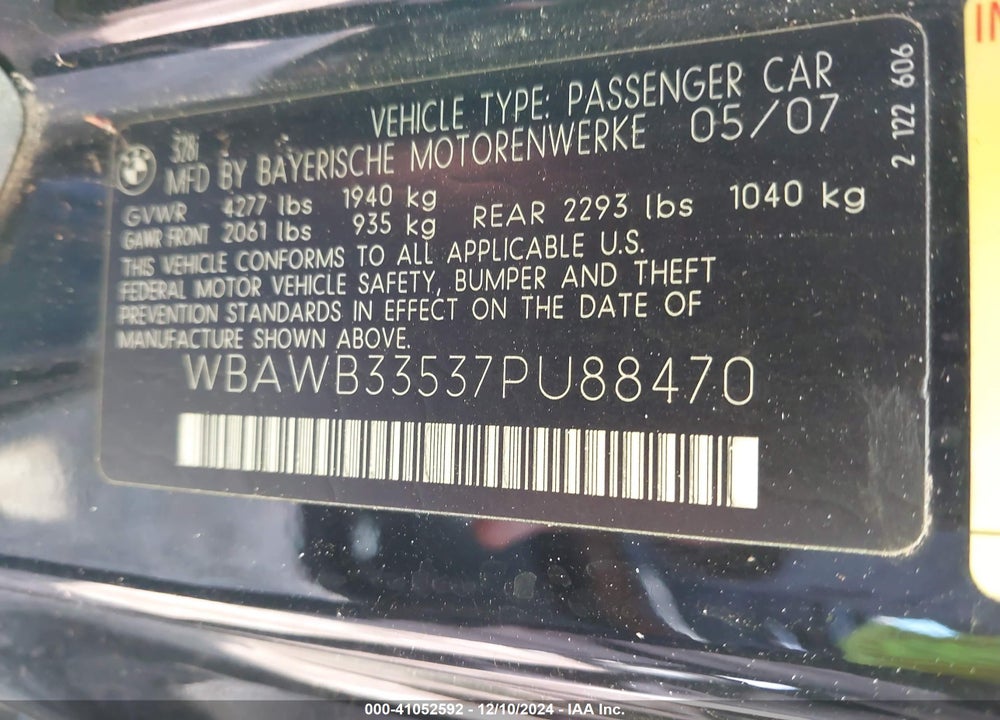 2007 BMW 328I VIN: WBAWB33537PU88470