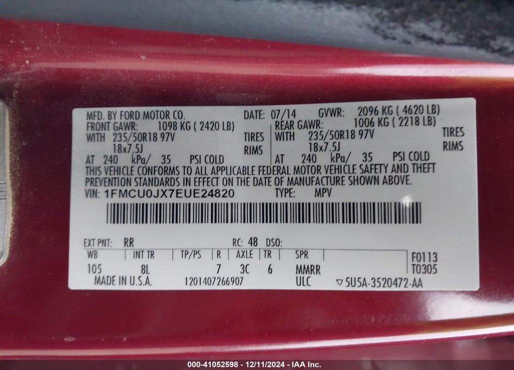2014 FORD ESCAPE TITANIUM VIN: 1FMCU0JX7EUE24820