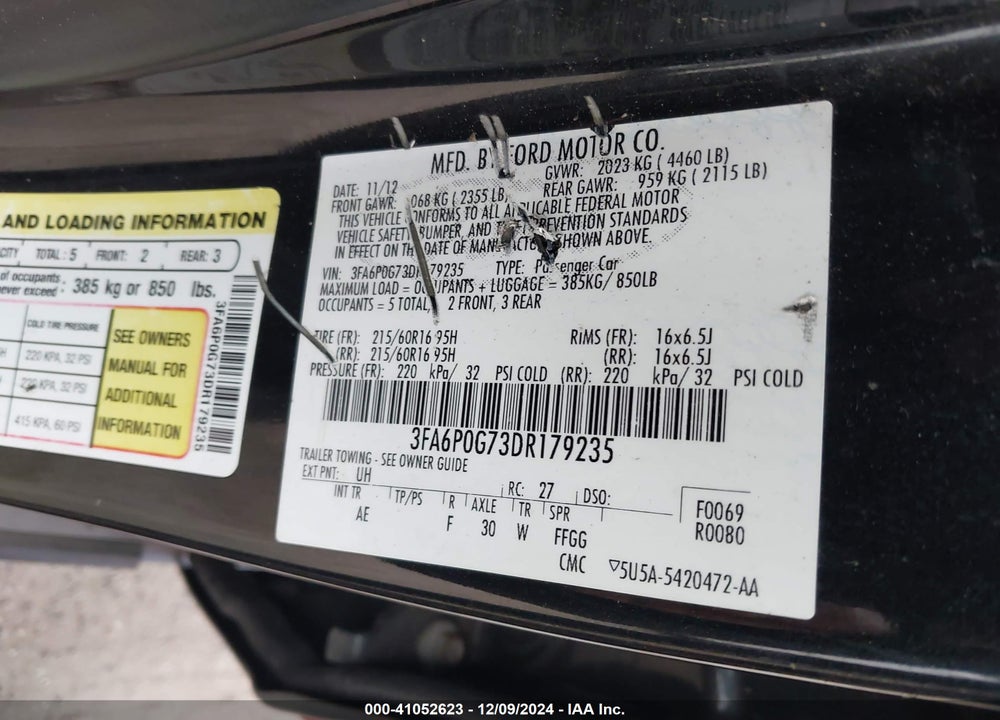 2013 FORD FUSION S VIN: 3FA6P0G73DR179235
