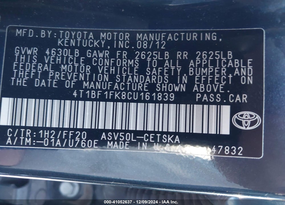 2012 TOYOTA CAMRY SE VIN: 4T1BF1FK8CU161839