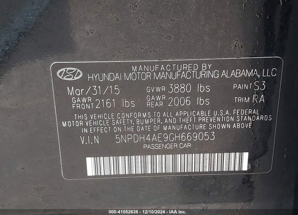 2016 HYUNDAI ELANTRA VIN: 5NPDH4AE9GH669053