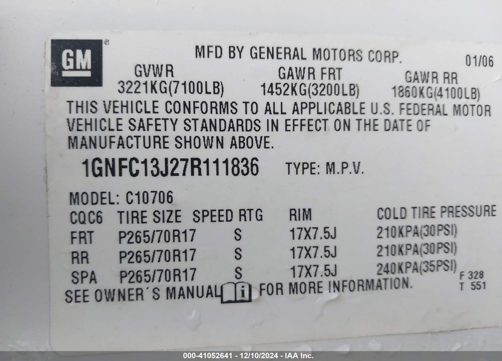 2007 CHEVROLET TAHOE LT VIN: 1GNFC13J27R111836
