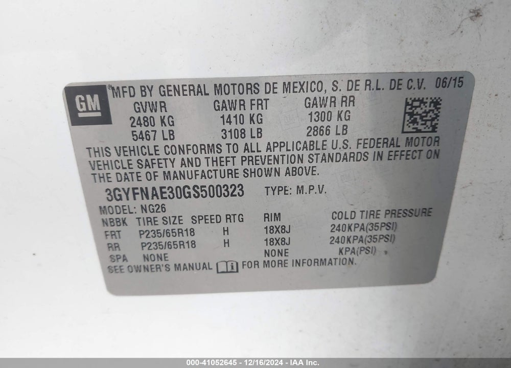 2016 CADILLAC SRX STANDARD VIN: 3GYFNAE30GS500323