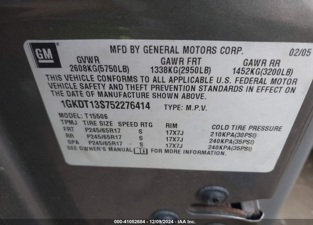 2005 GMC ENVOY SLT VIN: 1GKDT13S752276414