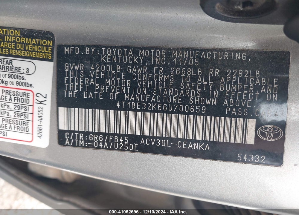 2006 TOYOTA CAMRY LE VIN: 4T1BE32K66U700659
