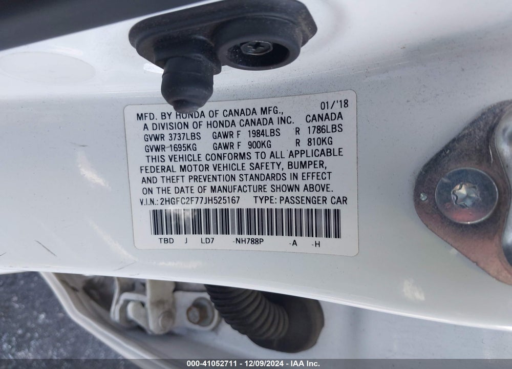 2018 HONDA CIVIC EX VIN: 2HGFC2F77JH525167