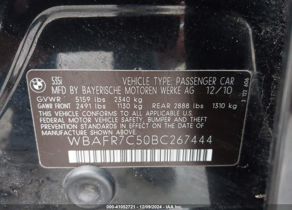 2011 BMW 535I VIN: WBAFR7C50BC267444