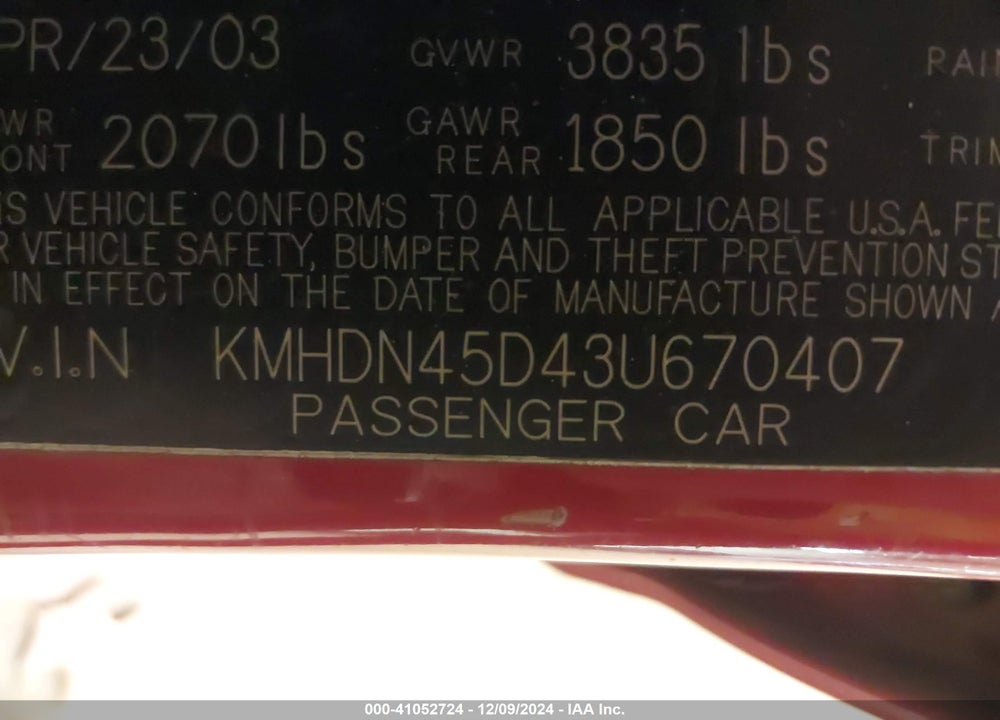 2003 HYUNDAI ELANTRA GLS/GT VIN: KMHDN45D43U670407