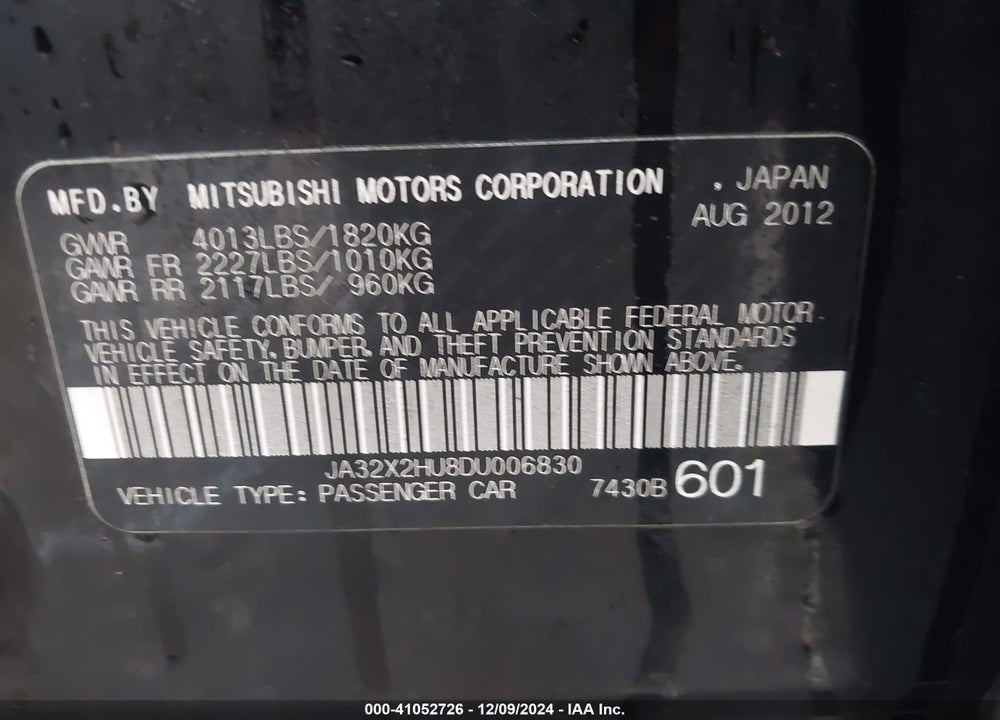 2013 MITSUBISHI LANCER SPORTBACK ES VIN: JA32X2HU8DU006830
