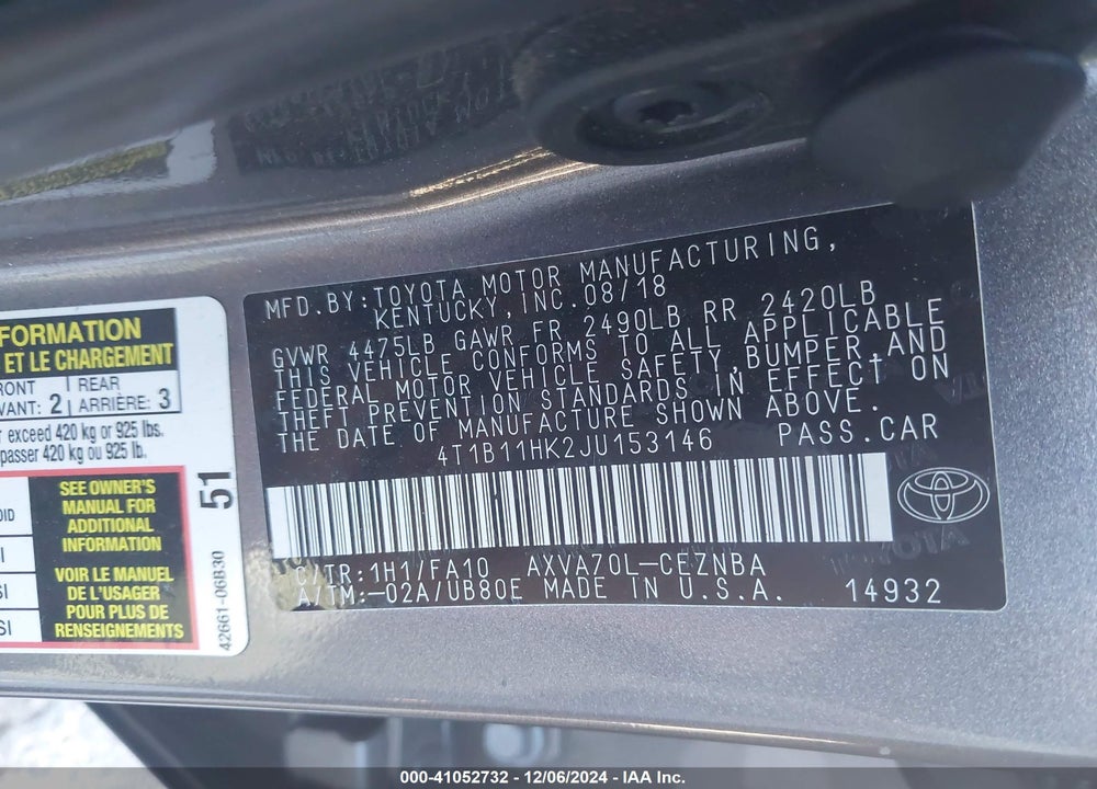 2018 TOYOTA CAMRY LE VIN: 4T1B11HK2JU153146