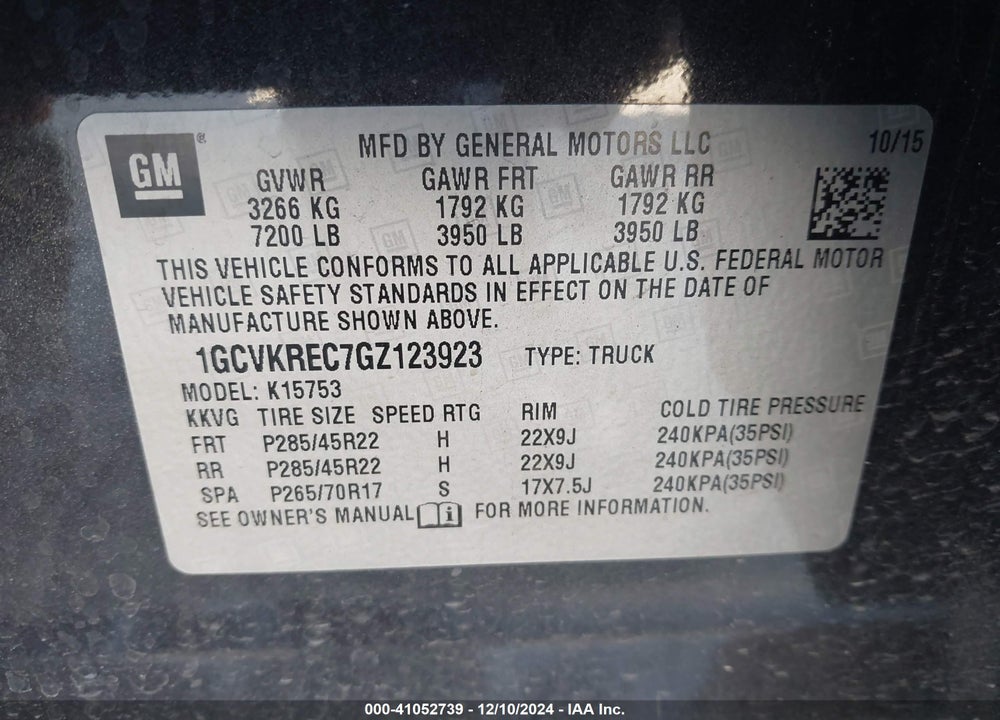 2016 CHEVROLET SILVERADO 1500 VIN: 1GCVKREC7GZ123923