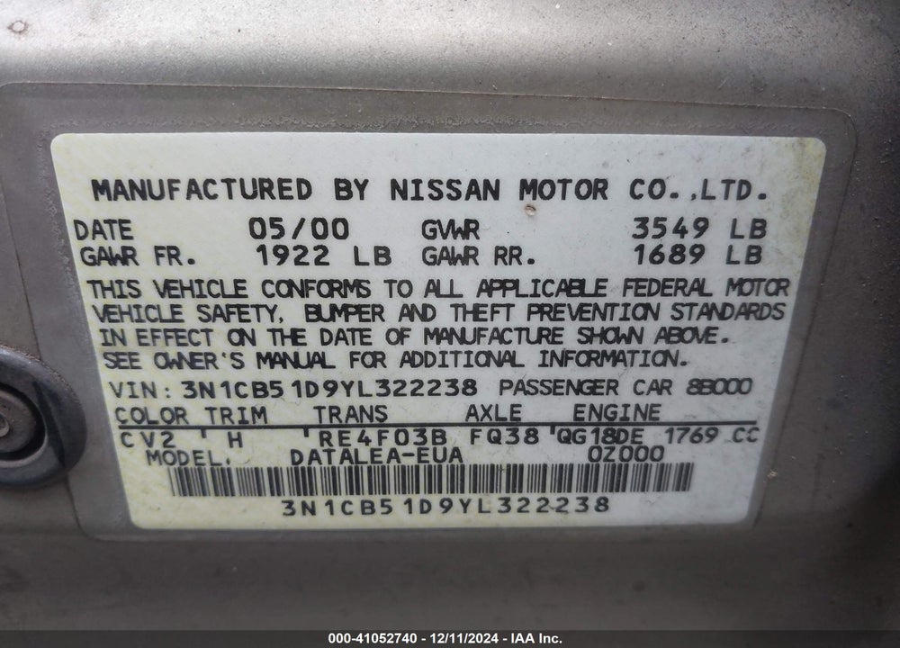 2000 NISSAN SENTRA GXE/XE VIN: 3N1CB51D9YL322238