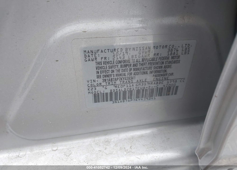 2019 NISSAN SENTRA VIN: 3N1AB7AP7KY439341