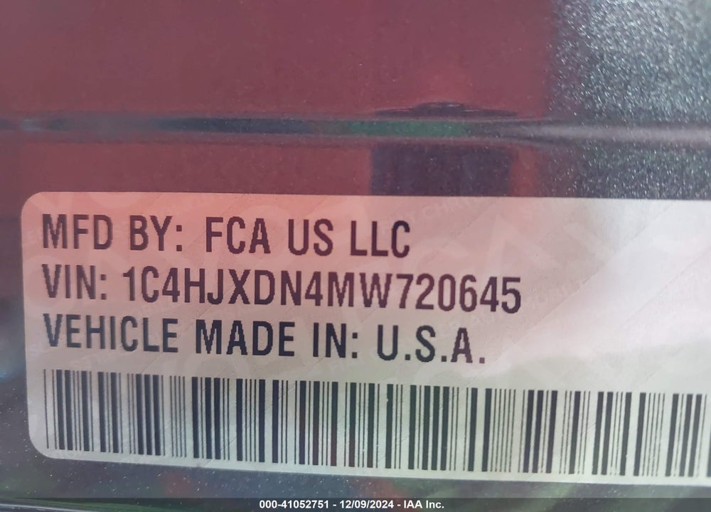 2021 JEEP WRANGLER UNLIMITED VIN: 1C4HJXDN4MW720645
