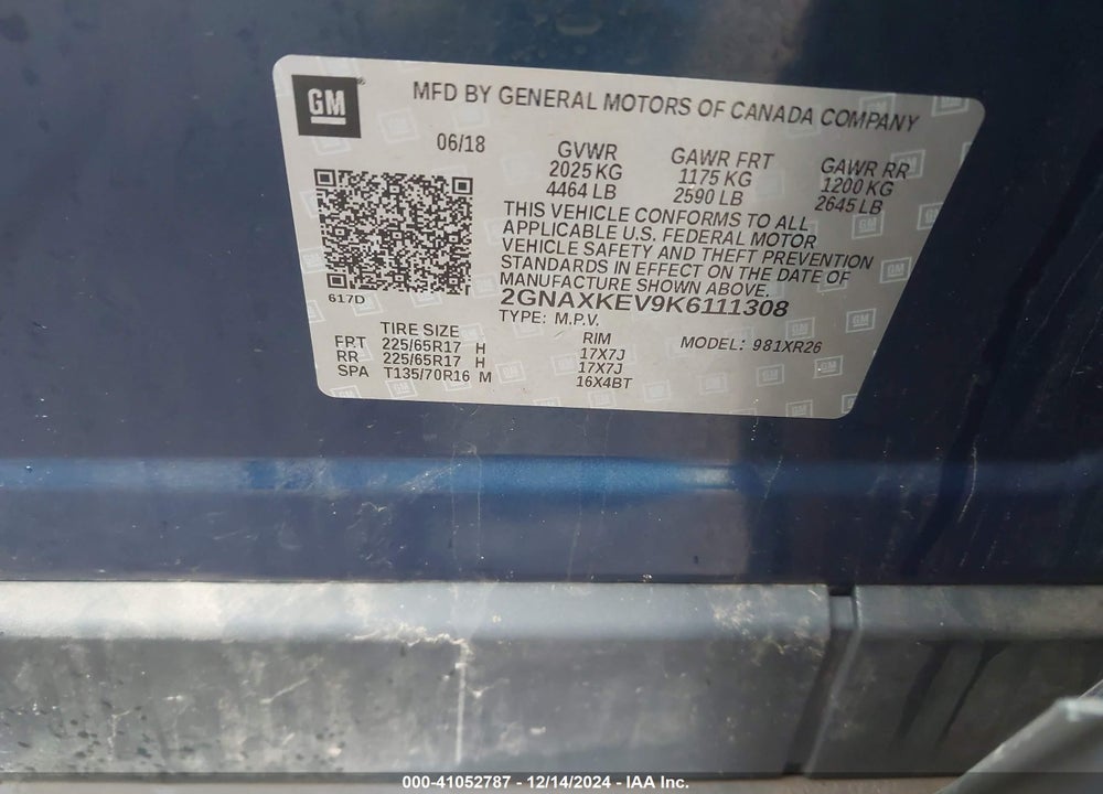 2019 CHEVROLET EQUINOX LT VIN: 2GNAXKEV9K6111308