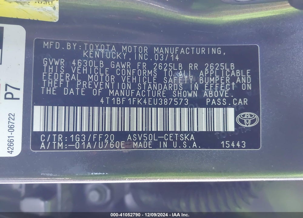 2014 TOYOTA CAMRY SE VIN: 4T1BF1FK4EU387573