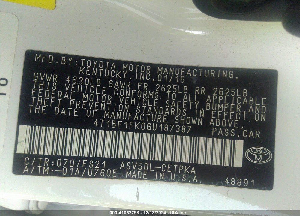 2016 TOYOTA CAMRY SE VIN: 4T1BF1FK0GU187387