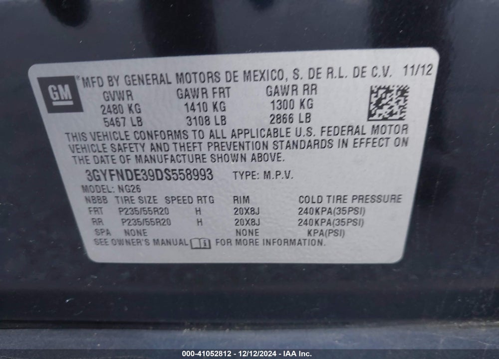2013 CADILLAC SRX PERFORMANCE COLLECTION VIN: 3GYFNDE39DS558993