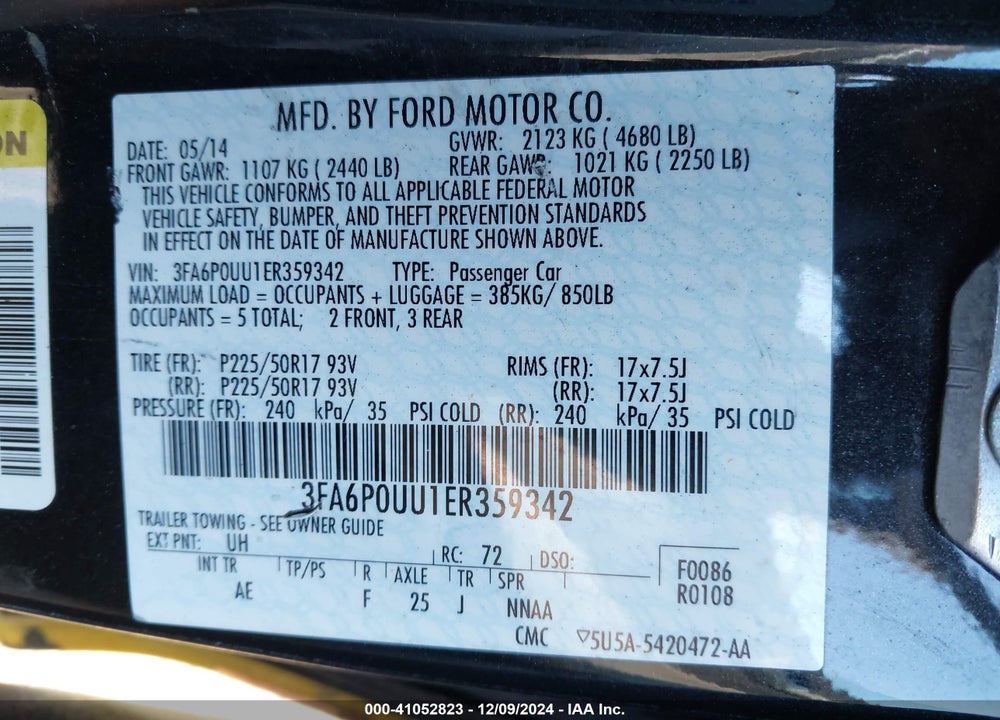 2014 FORD FUSION HYBRID VIN: 3FA6P0UU1ER359342