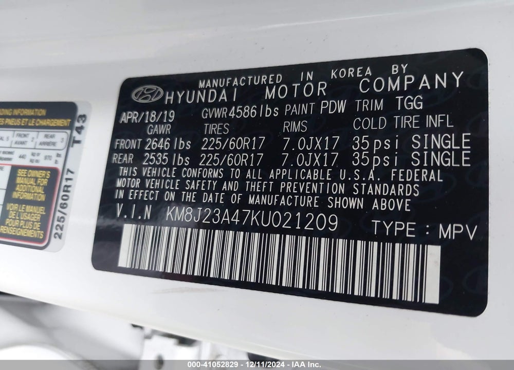 2019 HYUNDAI TUCSON SE VIN: KM8J23A47KU021209