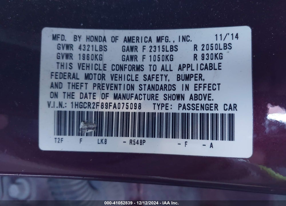 2015 HONDA ACCORD EX-L VIN: 1HGCR2F89FA075098