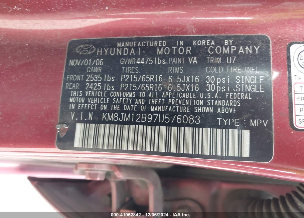 2007 HYUNDAI TUCSON GLS VIN: KM8JM12B97U576083