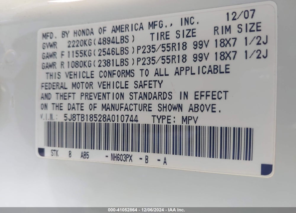 2008 ACURA RDX VIN: 5J8TB18528A010744