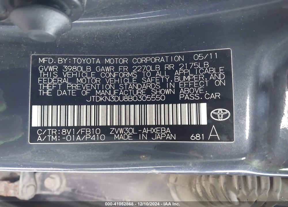 2011 TOYOTA PRIUS TWO VIN: JTDKN3DU8B0305550