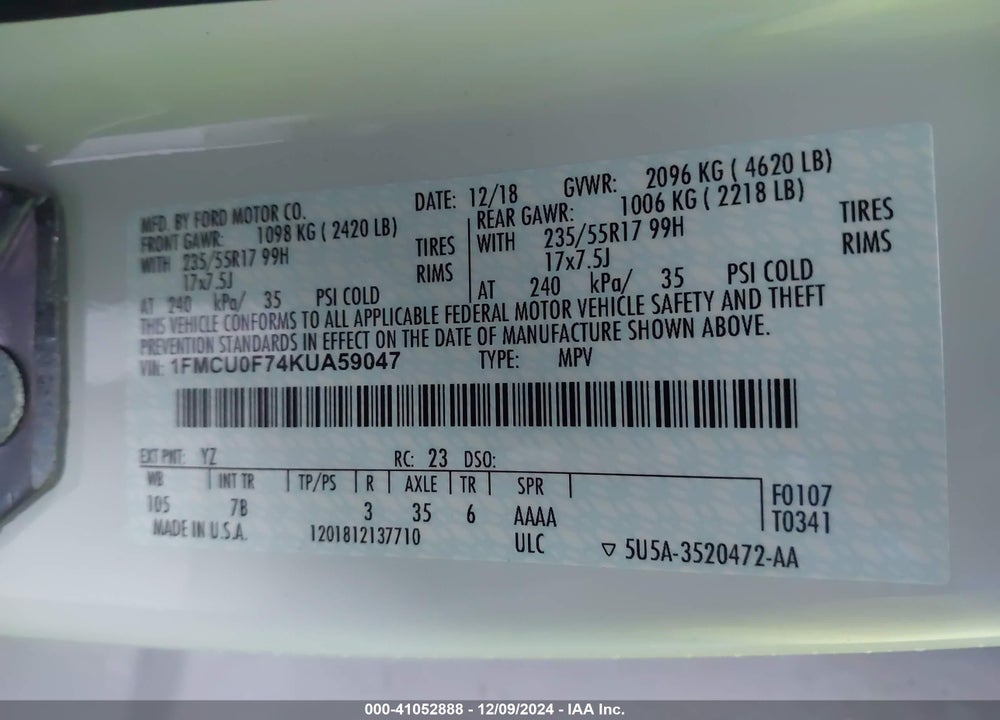 2019 FORD ESCAPE S VIN: 1FMCU0F74KUA59047