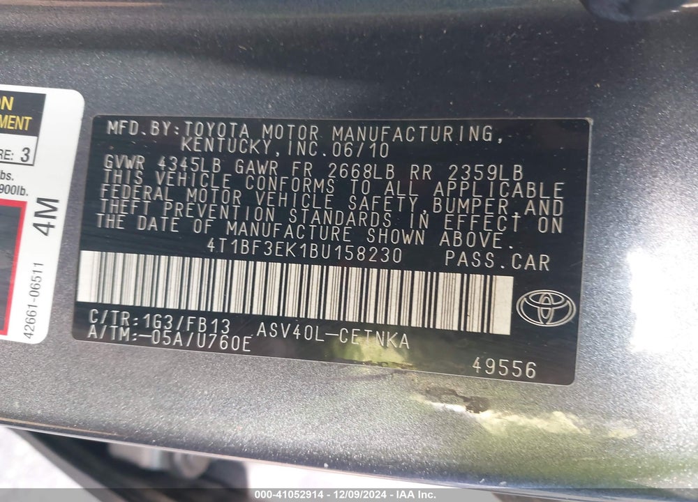 2011 TOYOTA CAMRY LE VIN: 4T1BF3EK1BU158230