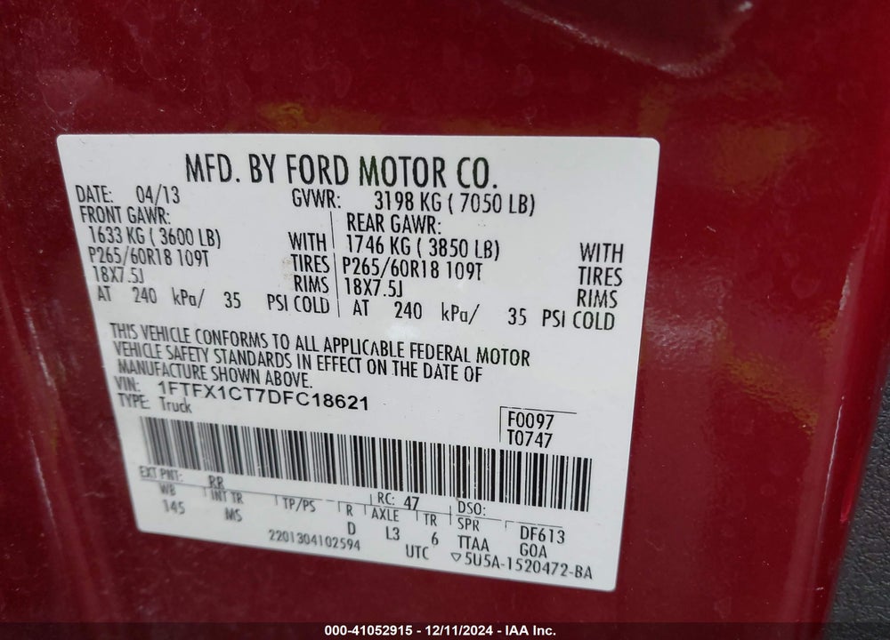 2013 FORD F-150 XLT VIN: 1FTFX1CT7DFC18621