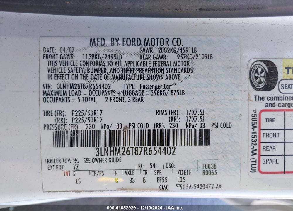 2007 LINCOLN MKZ VIN: 3LNHM26T87R654402