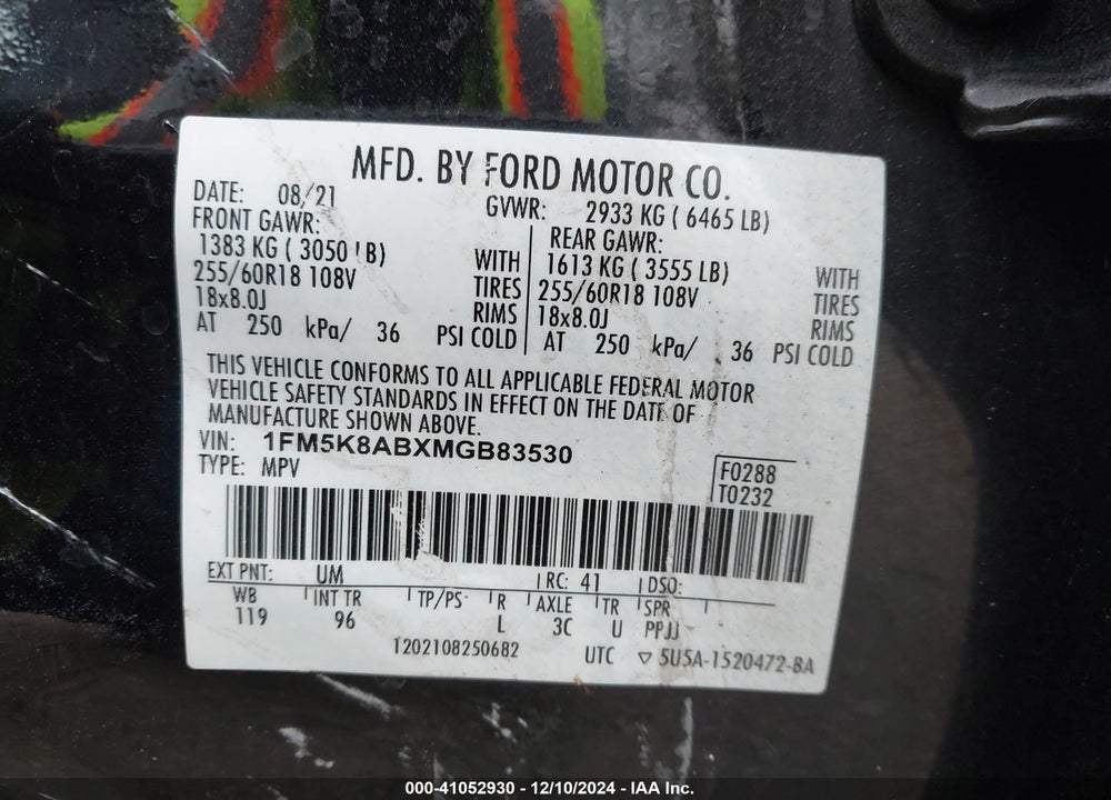 2021 FORD POLICE INTERCEPTOR UTILITY VIN: 1FM5K8ABXMGB83530