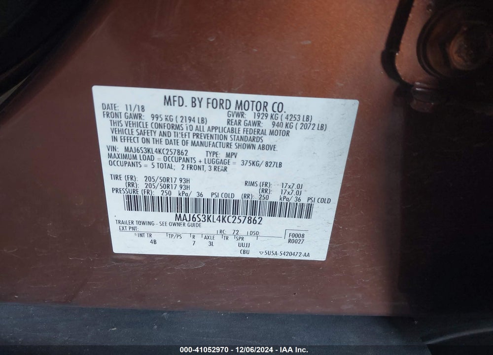 2019 FORD ECOSPORT TITANIUM VIN: MAJ6S3KL4KC257862