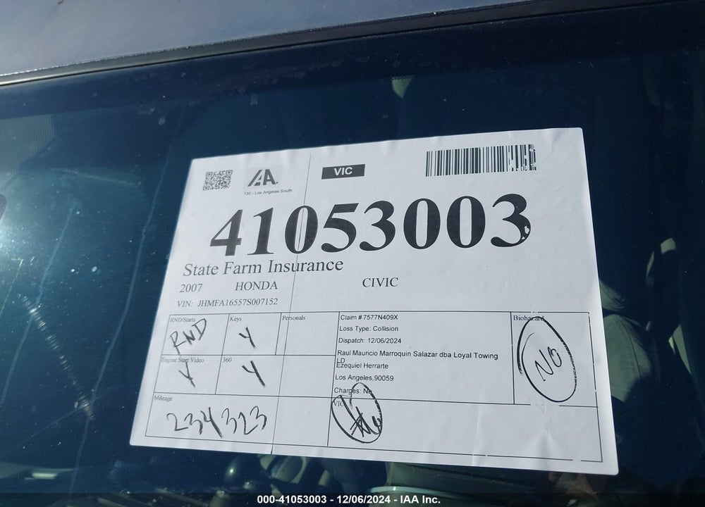 2007 HONDA CIVIC LX VIN: JHMFA16557S007152
