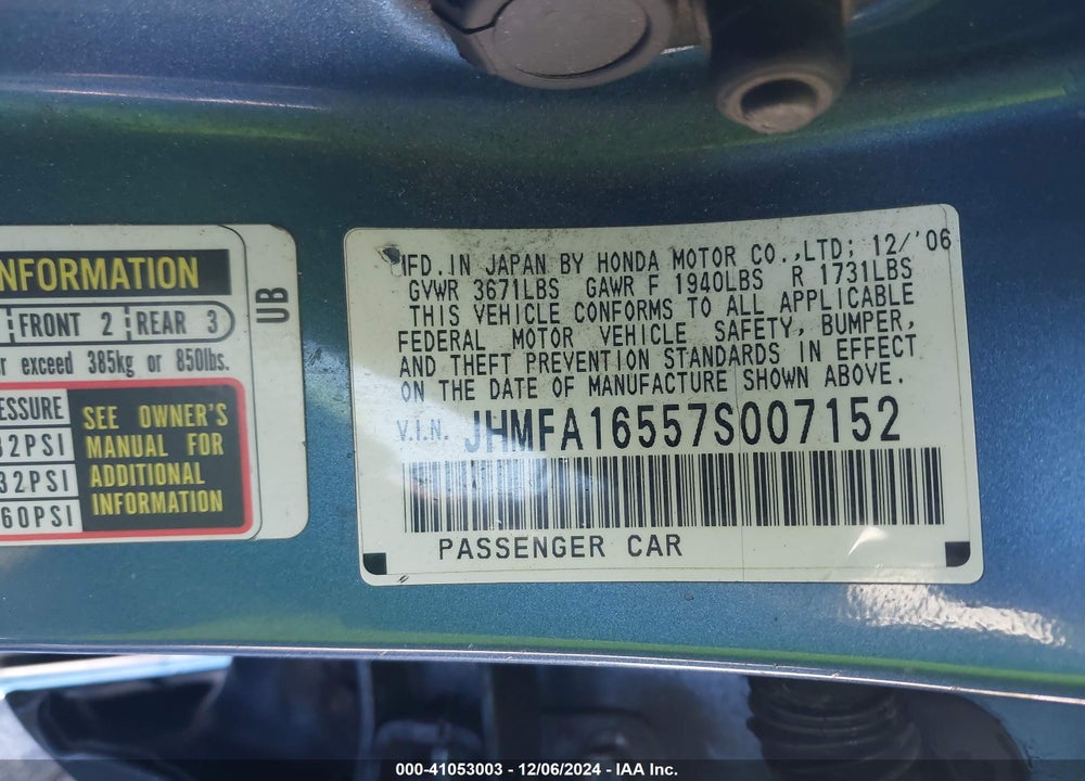 2007 HONDA CIVIC LX VIN: JHMFA16557S007152